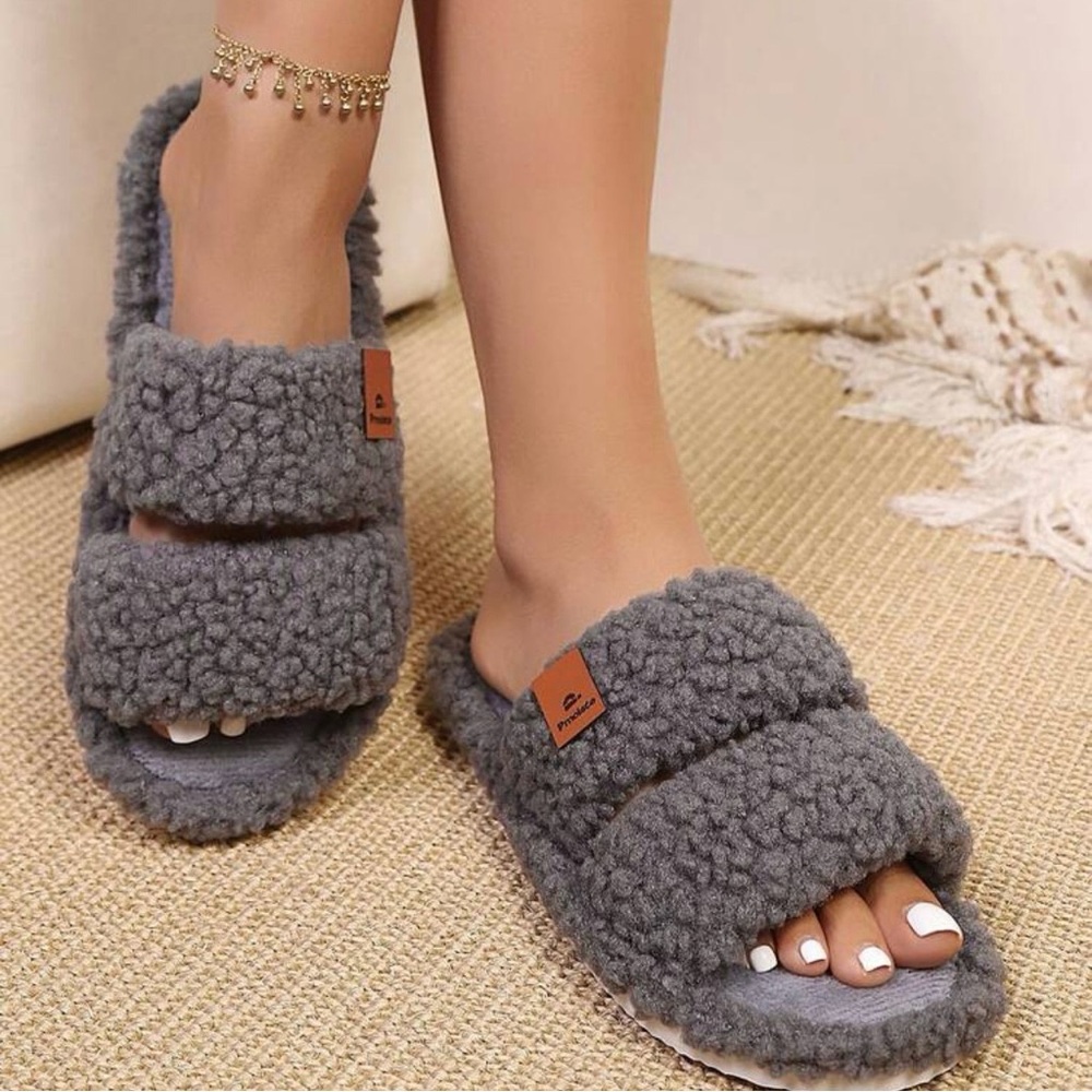 EverFoams Womens Fuzzy Open-toe Slippers Soft Comfy Memory 7-8‎ Cool Gray NWT